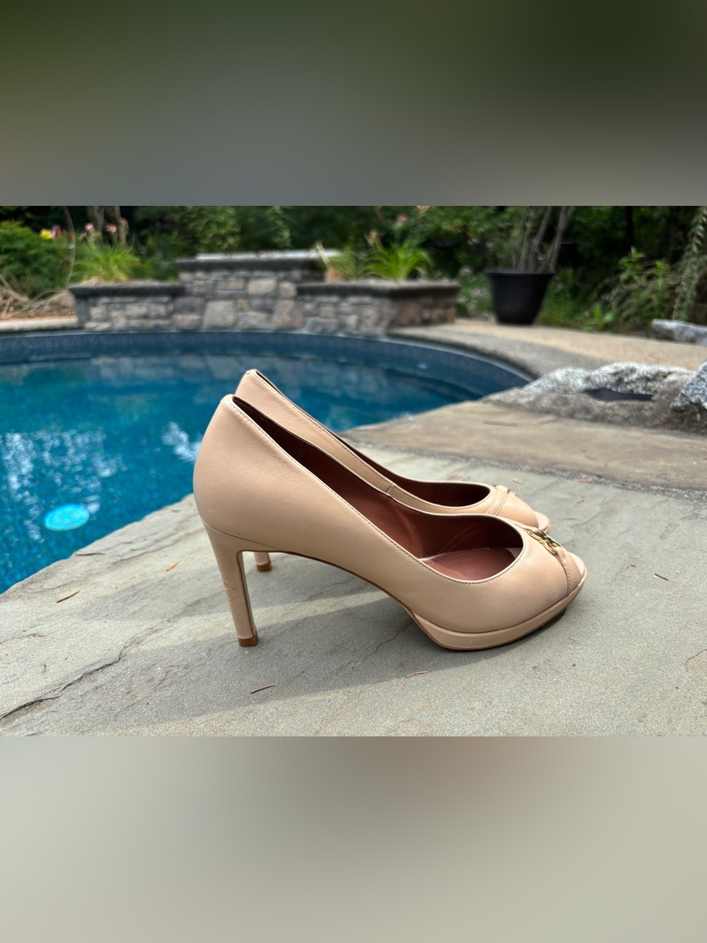 Cole Haan Grand.ØS Leather Peep Toe Pumps Beige 7.5B